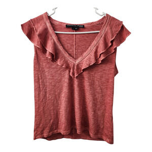 Veronica Beard V Neck Ruffle Top S Red Casual Designer Cotton